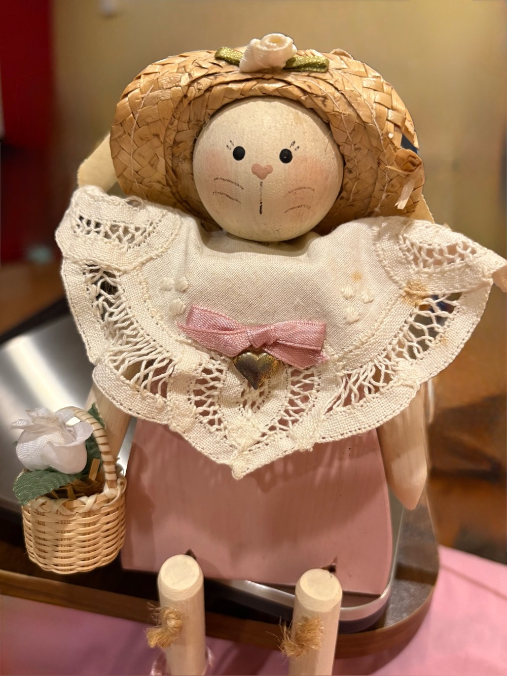 Handmade Wooden Bunny Doll with Straw Hat & Basket vintage 1991